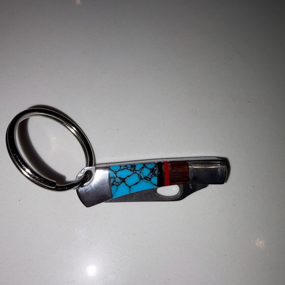 SOLD Turquoise and Silver Keychain Pen Knife with Red Accent Navajo Made